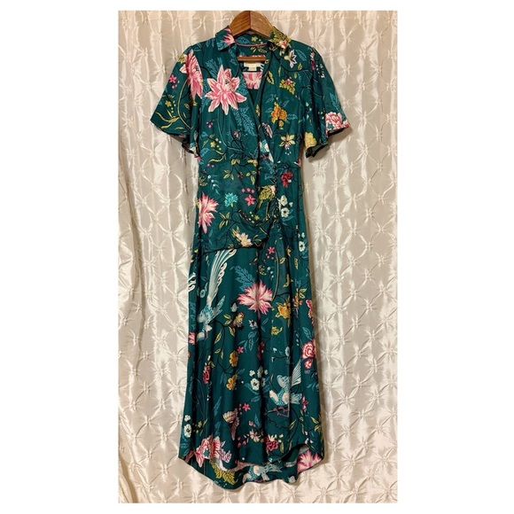 Anthropologie Maeve Green Floral & Bird Print Button-Front Midi Dress Wrap - Picture 4 of 15